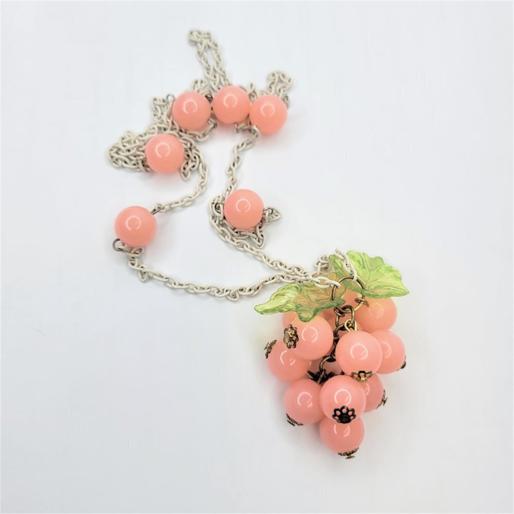 PINK Grape Motif Cluster Round Beads with Green Glass Leaf Necklace
